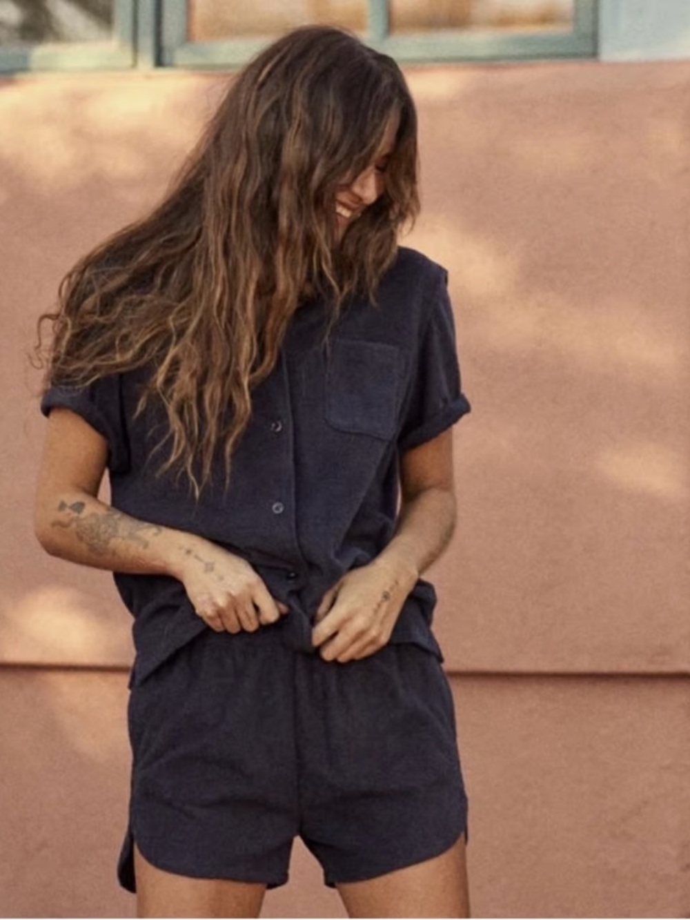 Outerknown Hightide Terry Cloth Matching Set Navy Blue Shorts Button Up